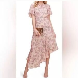 Wedding Guest ASTR Party Pink Floral Assymetrical Boho Ruffle Midi Dress NWT XS